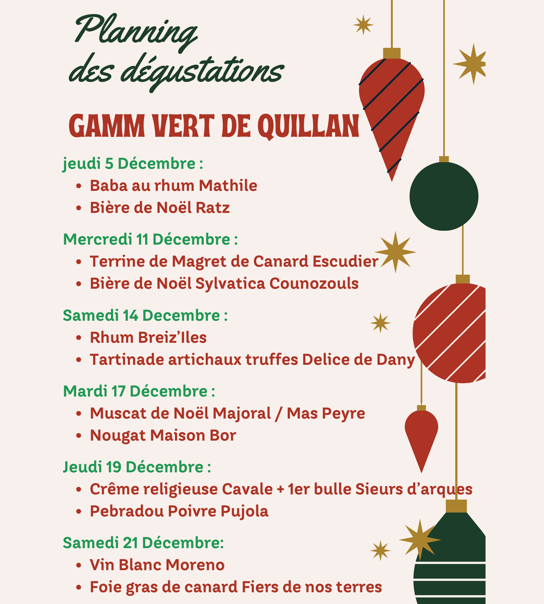 planning dégustation Noël